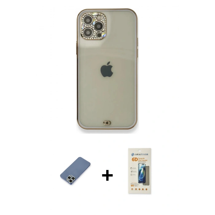 MARSİLYAN™- iPhone 12 Pro Kılıf Eksen Minimal Koleksiyonu - Siyah 6D Mat Seramik Hayalet Nano Ekran Koruyucu + Metal Kamera Lens Koruma Cam - AKYL