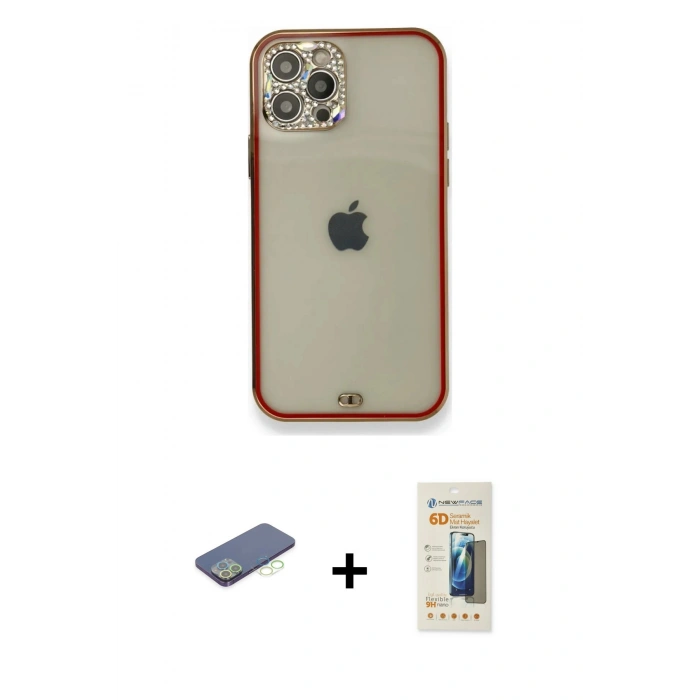 MARSİLYAN™- iPhone 12 Pro Kılıf Eksen Minimal Koleksiyonu - Siyah 6D Mat Seramik Hayalet Nano Ekran Koruyucu + Yeşil Renkli Kamera Lens Koruma Cam