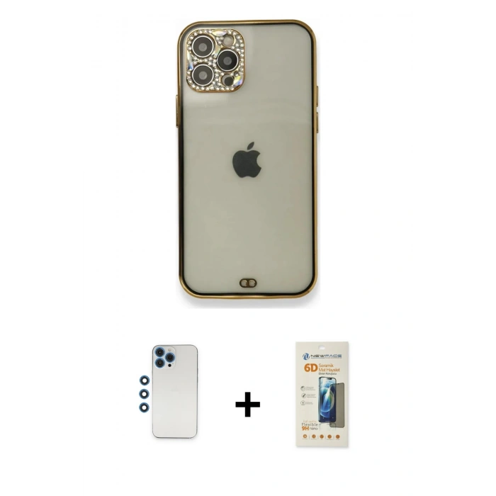 MARSİLYAN™- iPhone 12 Pro Kılıf Eksen Minimal Koleksiyonu - Siyah 6D Mat Seramik Hayalet Nano Ekran Koruyucu + Shine Kamera Lens - MI