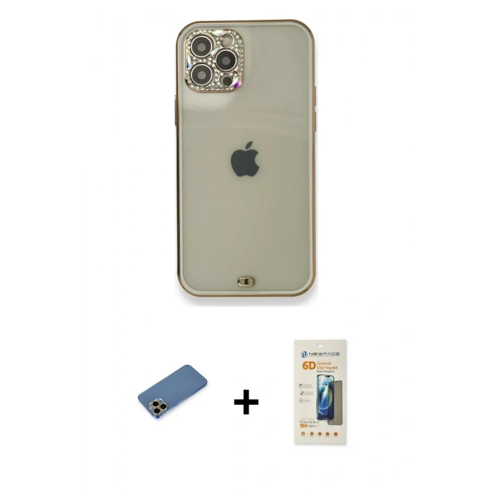 MARSİLYAN™- iPhone 12 Pro Kılıf Eksen Minimal Koleksiyonu - Siyah 6D Mat Seramik Hayalet Nano Ekran Koruyucu + Shine Kamera Lens Koruma Cam - GD