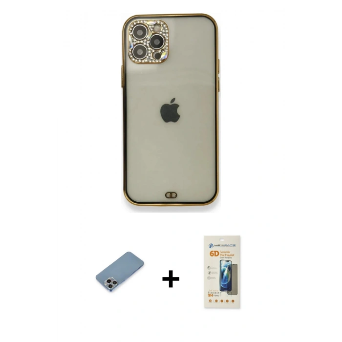 MARSİLYAN™- iPhone 12 Pro Kılıf Eksen Minimal Koleksiyonu - Siyah 6D Mat Seramik Hayalet Nano Ekran Koruyucu + Shine Kamera Lens Koruma Cam - GI
