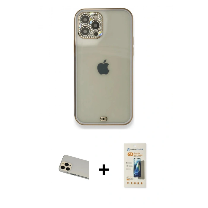 MARSİLYAN™- iPhone 12 Pro Kılıf Eksen Minimal Koleksiyonu - Siyah 6D Mat Seramik Hayalet Nano Ekran Koruyucu + Rainbow Kamera Lens Koruma Cam - GD
