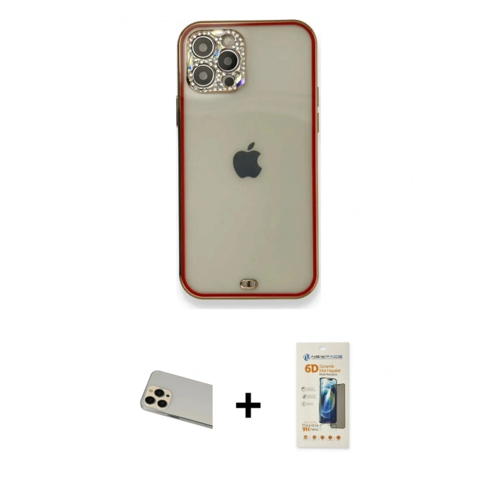MARSİLYAN™- iPhone 12 Pro Kılıf Eksen Minimal Koleksiyonu - Siyah 6D Mat Seramik Hayalet Nano Ekran Koruyucu + Rainbow Kamera Lens Koruma Cam - GD