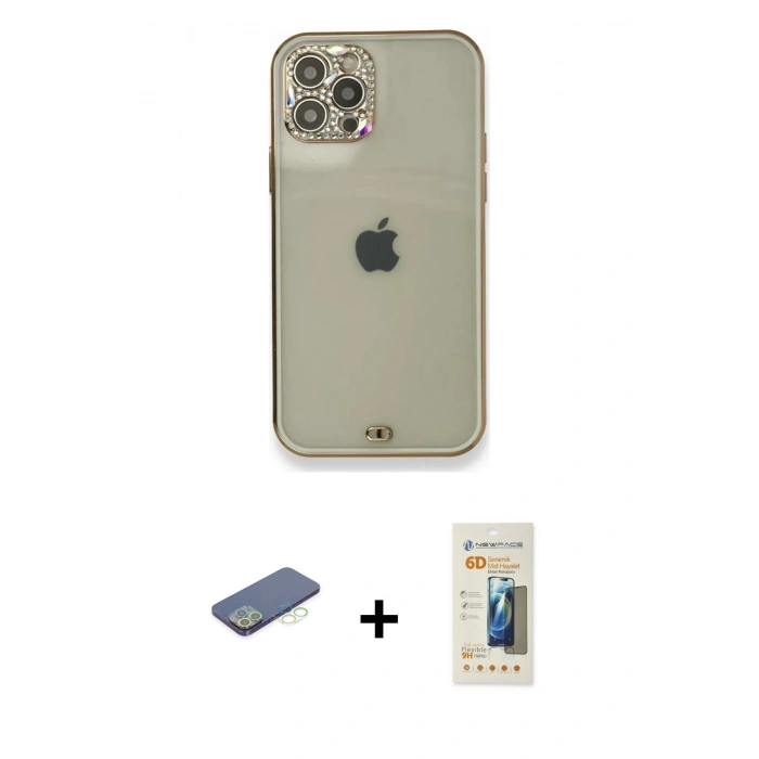 MARSİLYAN™- iPhone 12 Pro Kılıf Eksen Minimal Koleksiyonu - Siyah 6D Mat Seramik Hayalet Nano Ekran Koruyucu + Yeşil Renkli Kamera Lens Koruma Cam