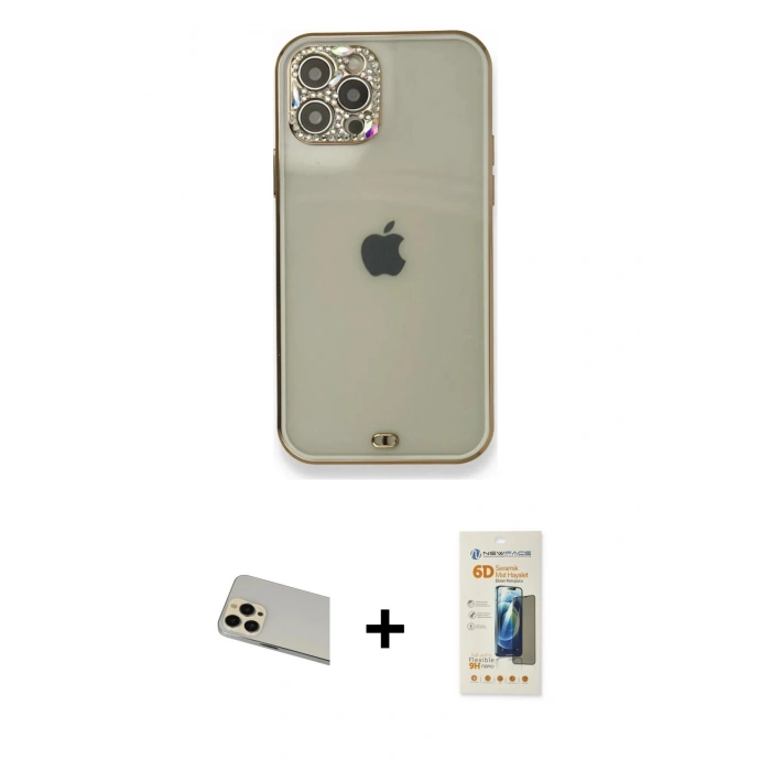 MARSİLYAN™- iPhone 12 Pro Kılıf Eksen Minimal Koleksiyonu - Siyah 6D Mat Seramik Hayalet Nano Ekran Koruyucu + Rainbow Kamera Lens Koruma Cam - GD