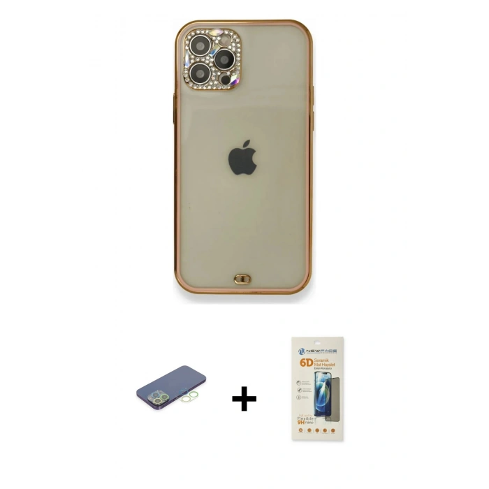 MARSİLYAN™- iPhone 12 Pro Kılıf Eksen Minimal Koleksiyonu - Siyah 6D Mat Seramik Hayalet Nano Ekran Koruyucu + Yeşil Renkli Kamera Lens Koruma Cam