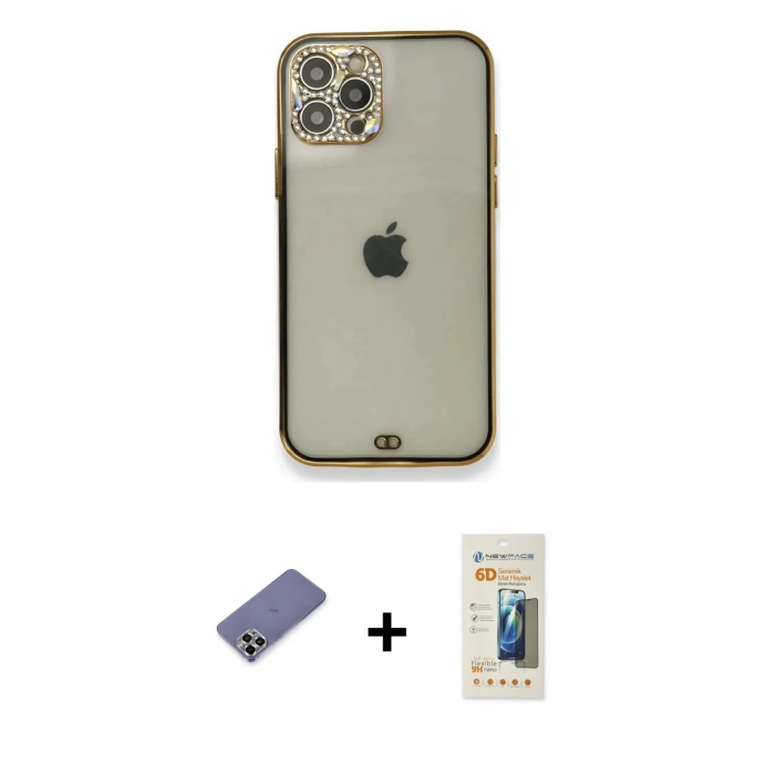 MARSİLYAN™- iPhone 12 Pro Kılıf Eksen Minimal Koleksiyonu - Siyah 6D Mat Seramik Hayalet Nano Ekran Koruyucu + Metal Kamera Lens Koruma Cam - GD