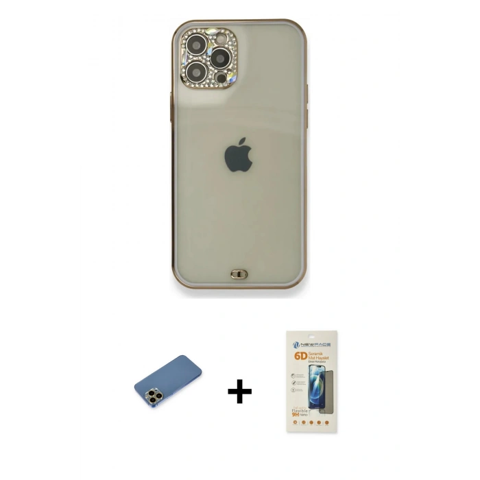 MARSİLYAN™- iPhone 12 Pro Kılıf Eksen Minimal Koleksiyonu - Siyah 6D Mat Seramik Hayalet Nano Ekran Koruyucu + Shine Kamera Lens Koruma Cam - GD