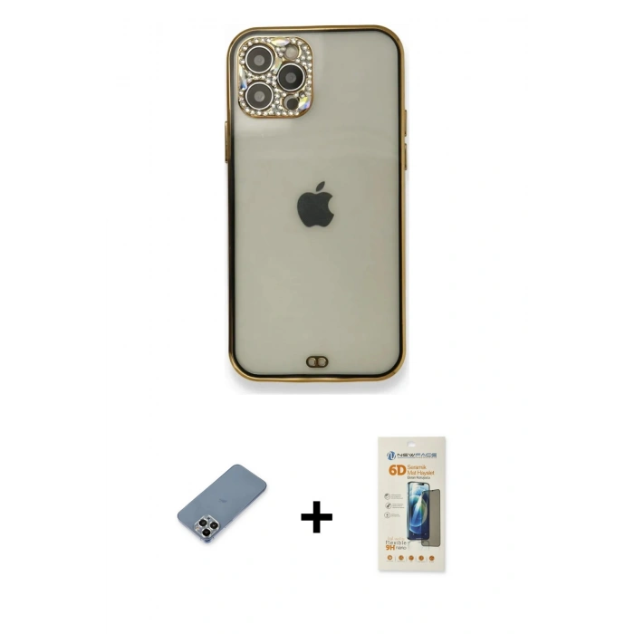 MARSİLYAN™- iPhone 12 Pro Kılıf Eksen Minimal Koleksiyonu - Siyah 6D Mat Seramik Hayalet Nano Ekran Koruyucu + Metal Kamera Lens Koruma Cam - GS