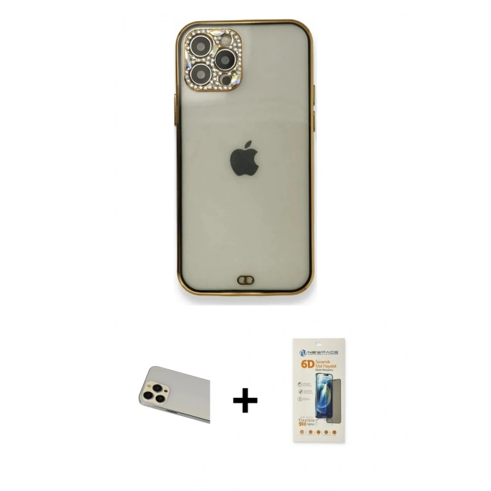 MARSİLYAN™- iPhone 12 Pro Kılıf Eksen Minimal Koleksiyonu - Siyah 6D Mat Seramik Hayalet Nano Ekran Koruyucu + Rainbow Kamera Lens Koruma Cam - GD