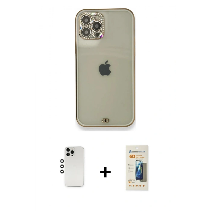 MARSİLYAN™- iPhone 12 Pro Kılıf Eksen Minimal Koleksiyonu - Siyah 6D Mat Seramik Hayalet Nano Ekran Koruyucu + Shine Kamera Lens - GS