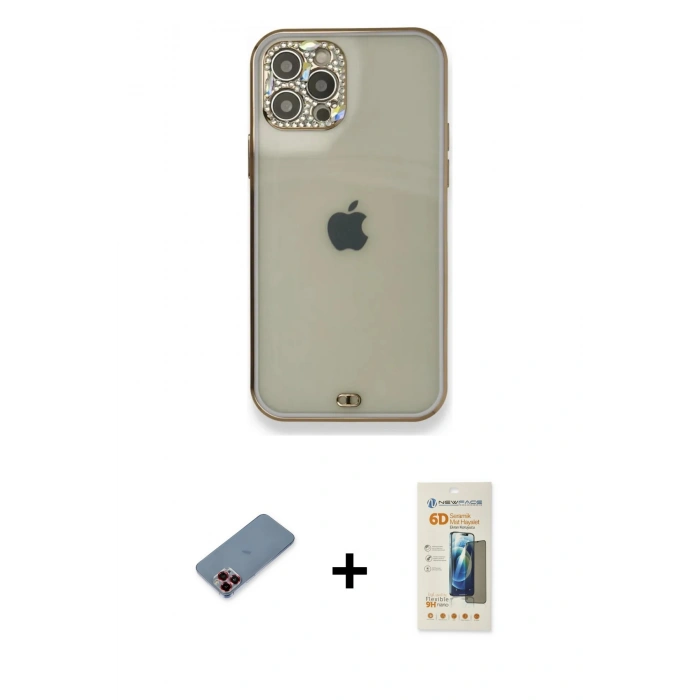 MARSİLYAN™- iPhone 12 Pro Kılıf Eksen Minimal Koleksiyonu - Siyah 6D Mat Seramik Hayalet Nano Ekran Koruyucu + Metal Kamera Lens Koruma Cam - KI