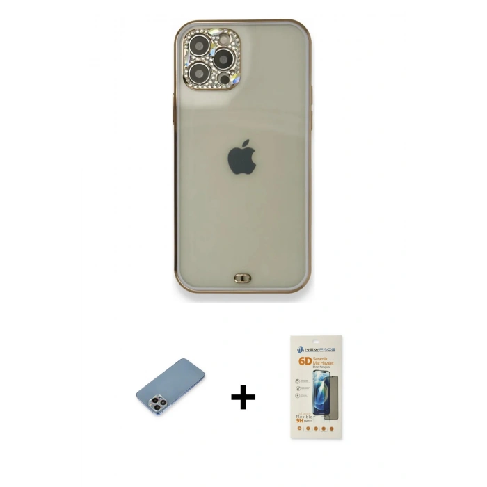 MARSİLYAN™- iPhone 12 Pro Kılıf Eksen Minimal Koleksiyonu - Siyah 6D Mat Seramik Hayalet Nano Ekran Koruyucu + Shine Kamera Lens Koruma Cam - GI
