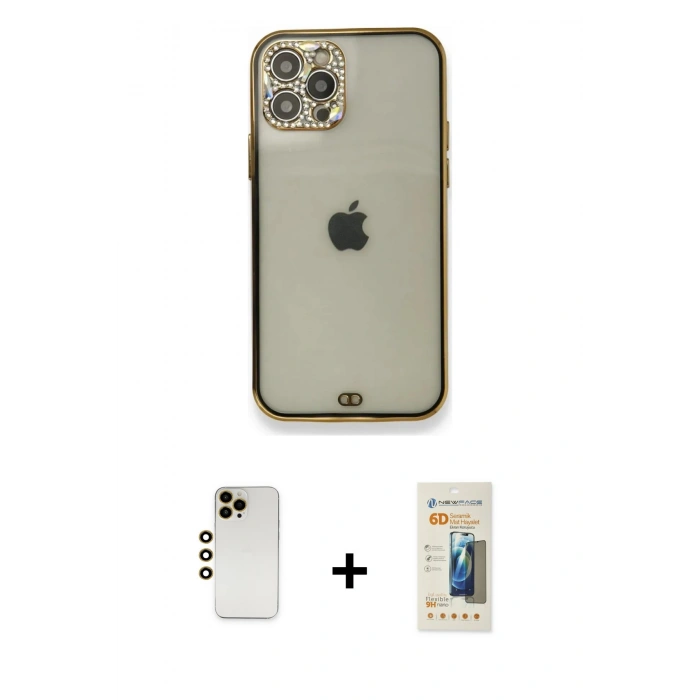 MARSİLYAN™- iPhone 12 Pro Kılıf Eksen Minimal Koleksiyonu - Siyah 6D Mat Seramik Hayalet Nano Ekran Koruyucu + Shine Kamera Lens - GD