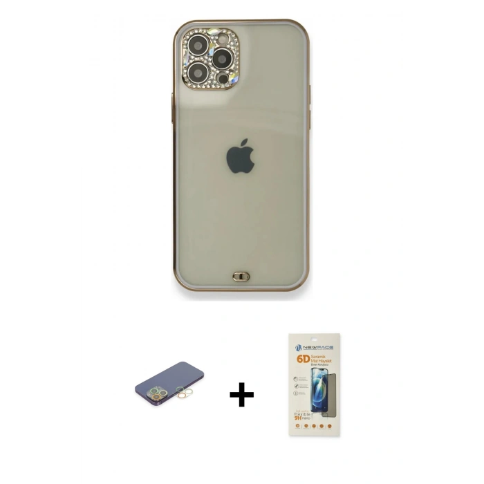 MARSİLYAN™- iPhone 12 Pro Kılıf Eksen Minimal Koleksiyonu - Siyah 6D Mat Seramik Hayalet Nano Ekran Koruyucu + Renkli Kamera Lens Koruma Cam - SI
