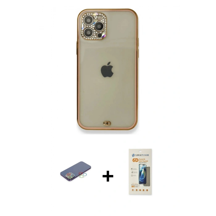 MARSİLYAN™- iPhone 12 Pro Kılıf Eksen Minimal Koleksiyonu - Siyah 6D Mat Seramik Hayalet Nano Ekran Koruyucu + Renkli Kamera Lens Koruma Cam - MI