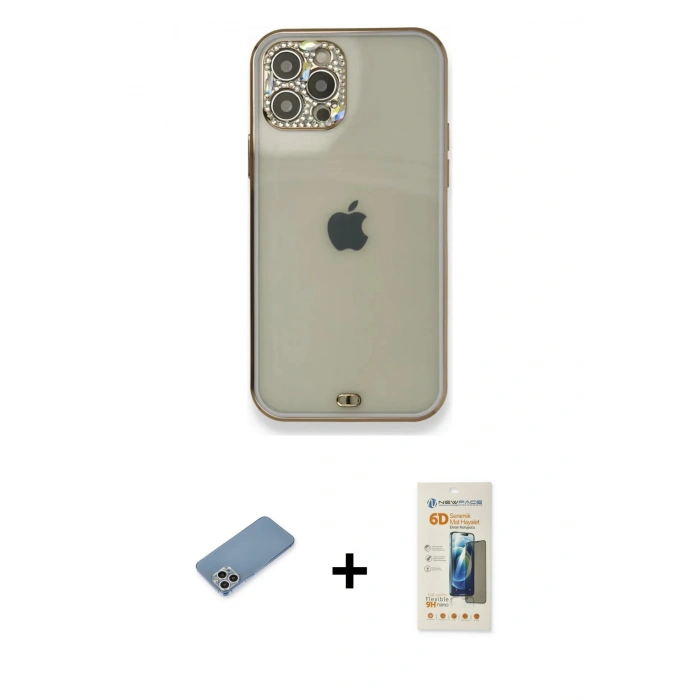 MARSİLYAN™- iPhone 12 Pro Kılıf Eksen Minimal Koleksiyonu - Siyah 6D Mat Seramik Hayalet Nano Ekran Koruyucu + Gümüş Shine Kamera Lens Koruma Cam