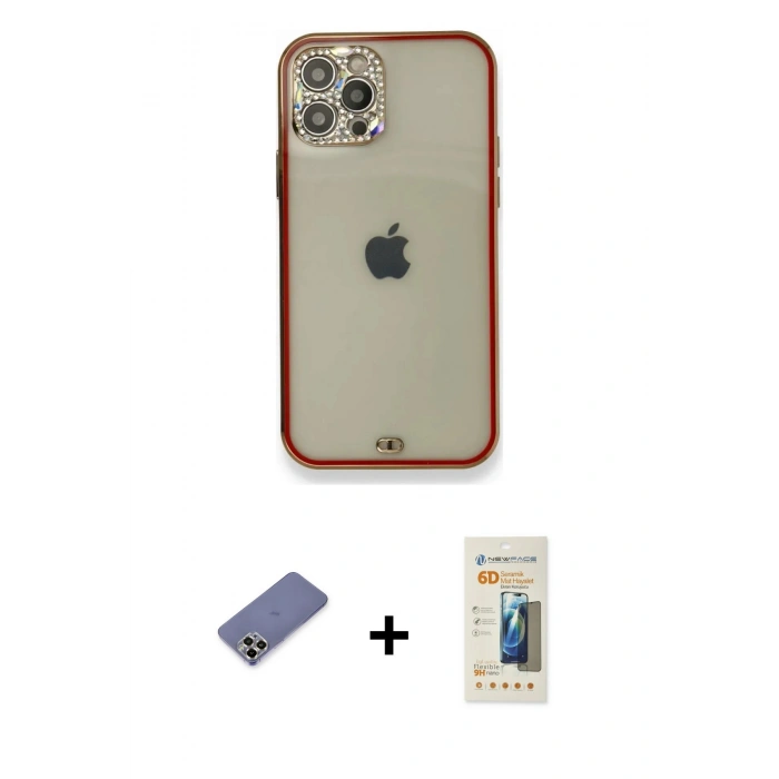 MARSİLYAN™- iPhone 12 Pro Kılıf Eksen Minimal Koleksiyonu - Siyah 6D Mat Seramik Hayalet Nano Ekran Koruyucu + Metal Kamera Lens Koruma Cam - GD