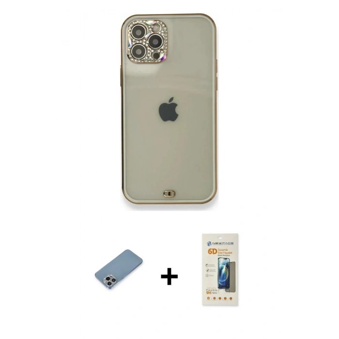 MARSİLYAN™- iPhone 12 Pro Kılıf Eksen Minimal Koleksiyonu - Siyah 6D Mat Seramik Hayalet Nano Ekran Koruyucu + Shine Kamera Lens Koruma Cam - GI