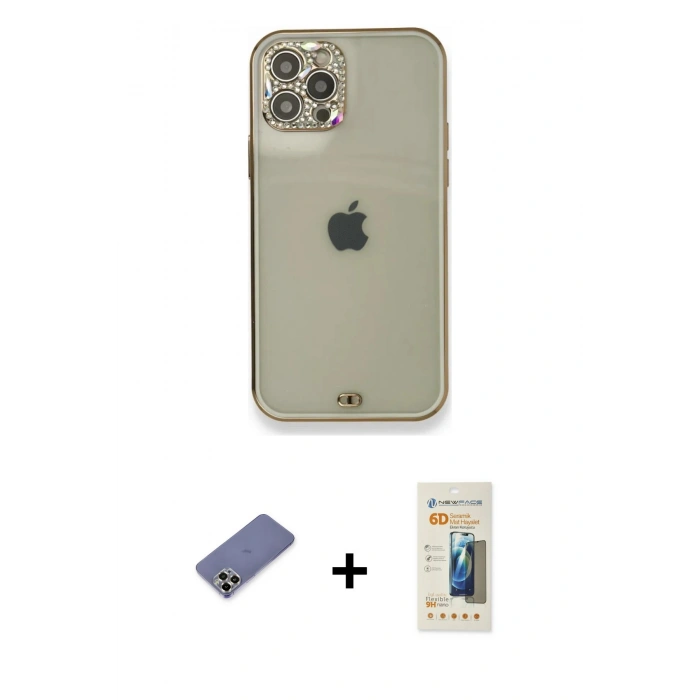 MARSİLYAN™- iPhone 12 Pro Kılıf Eksen Minimal Koleksiyonu - Siyah 6D Mat Seramik Hayalet Nano Ekran Koruyucu + Metal Kamera Lens Koruma Cam - GD