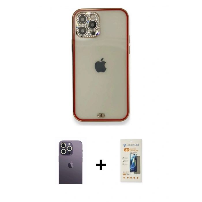 MARSİLYAN™- iPhone 12 Pro Kılıf Eksen Minimal Koleksiyonu - Siyah 6D Mat Seramik Hayalet Nano Ekran Koruyucu + Neon Fosforlu Kamera Lens - BZ
