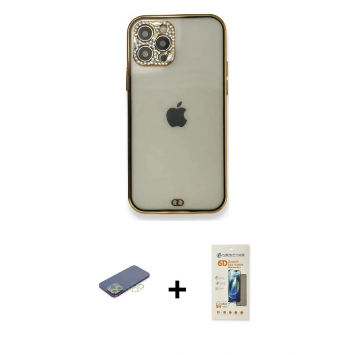 MARSİLYAN™- iPhone 12 Pro Kılıf Eksen Minimal Koleksiyonu - Siyah 6D Mat Seramik Hayalet Nano Ekran Koruyucu + Yeşil Renkli Kamera Lens Koruma Cam