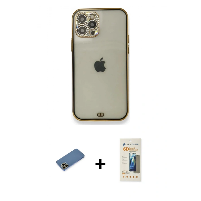 MARSİLYAN™- iPhone 12 Pro Kılıf Eksen Minimal Koleksiyonu - Siyah 6D Mat Seramik Hayalet Nano Ekran Koruyucu + Shine Kamera Lens Koruma Cam - GD