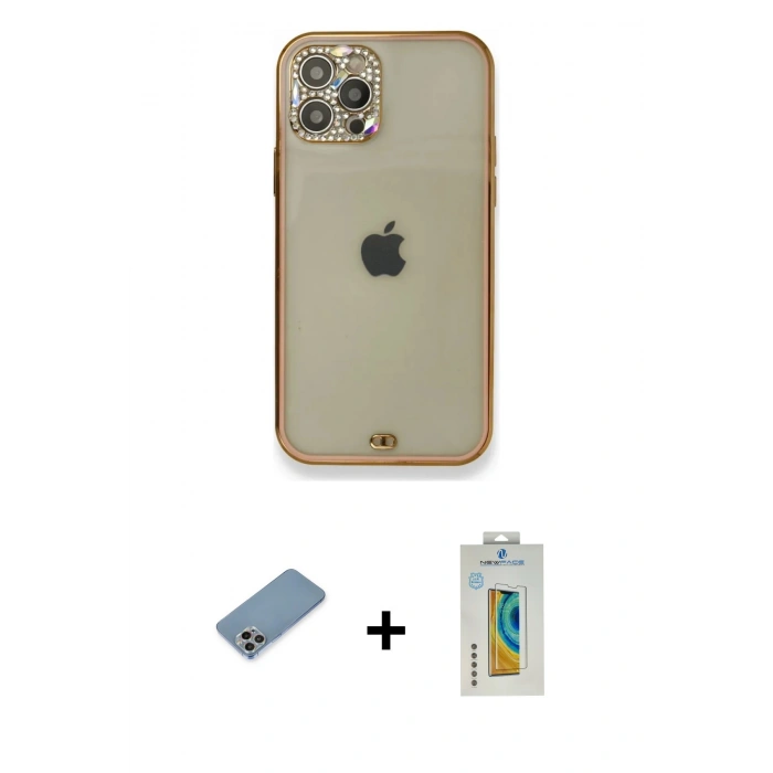 MARSİLYAN™- iPhone 12 Pro Kılıf Eksen Minimal Koleksiyonu - Siyah Polymer Nano Ekran Koruyucu + Shine Kamera Lens Koruma Cam - GI
