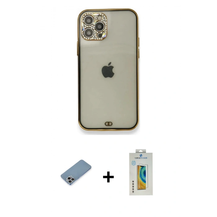 MARSİLYAN™- iPhone 12 Pro Kılıf Eksen Minimal Koleksiyonu - Siyah Polymer Nano Ekran Koruyucu + Shine Kamera Lens Koruma Cam - GI