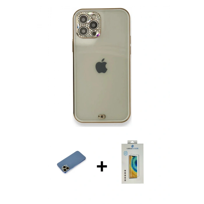 MARSİLYAN™- iPhone 12 Pro Kılıf Eksen Minimal Koleksiyonu - Siyah Polymer Nano Ekran Koruyucu + Shine Kamera Lens Koruma Cam - GD