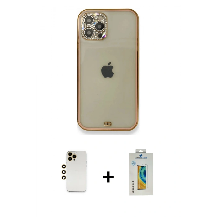 MARSİLYAN™- iPhone 12 Pro Kılıf Eksen Minimal Koleksiyonu - Siyah Polymer Nano Ekran Koruyucu + Shine Kamera Lens - GD