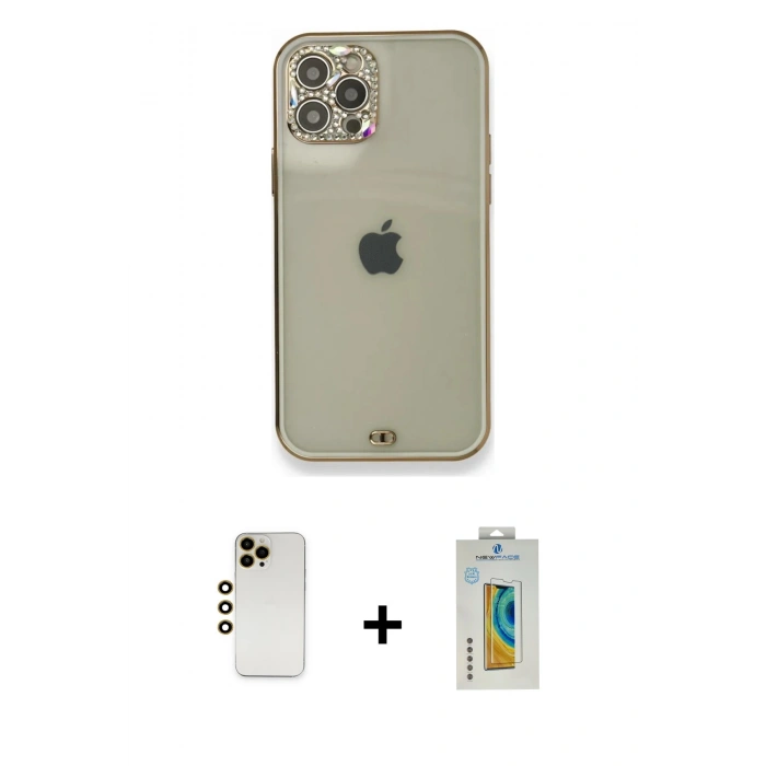 MARSİLYAN™- iPhone 12 Pro Kılıf Eksen Minimal Koleksiyonu - Siyah Polymer Nano Ekran Koruyucu + Shine Kamera Lens - GD