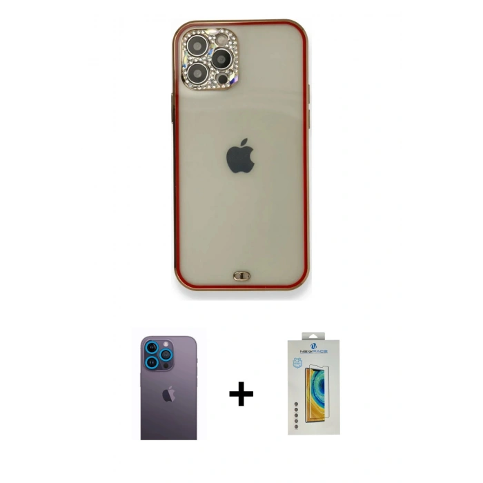 MARSİLYAN™- iPhone 12 Pro Kılıf Eksen Minimal Koleksiyonu - Siyah Polymer Nano Ekran Koruyucu + Neon Fosforlu Kamera Lens - MI
