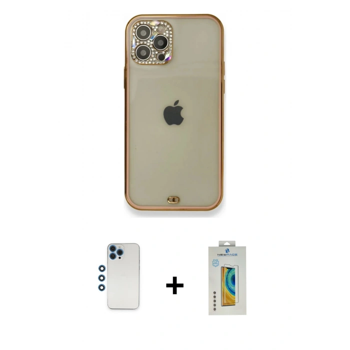 MARSİLYAN™- iPhone 12 Pro Kılıf Eksen Minimal Koleksiyonu - Siyah Polymer Nano Ekran Koruyucu + Mavi Shine Kamera Lens