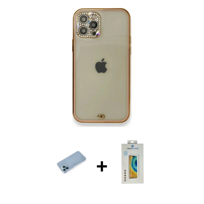 MARSİLYAN™- iPhone 12 Pro Kılıf Eksen Minimal Koleksiyonu - Siyah Polymer Nano Ekran Koruyucu + Shine Kamera Lens Koruma Cam - MI