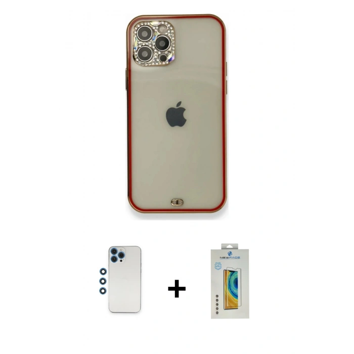 MARSİLYAN™- iPhone 12 Pro Kılıf Eksen Minimal Koleksiyonu - Siyah Polymer Nano Ekran Koruyucu + Mavi Shine Kamera Lens
