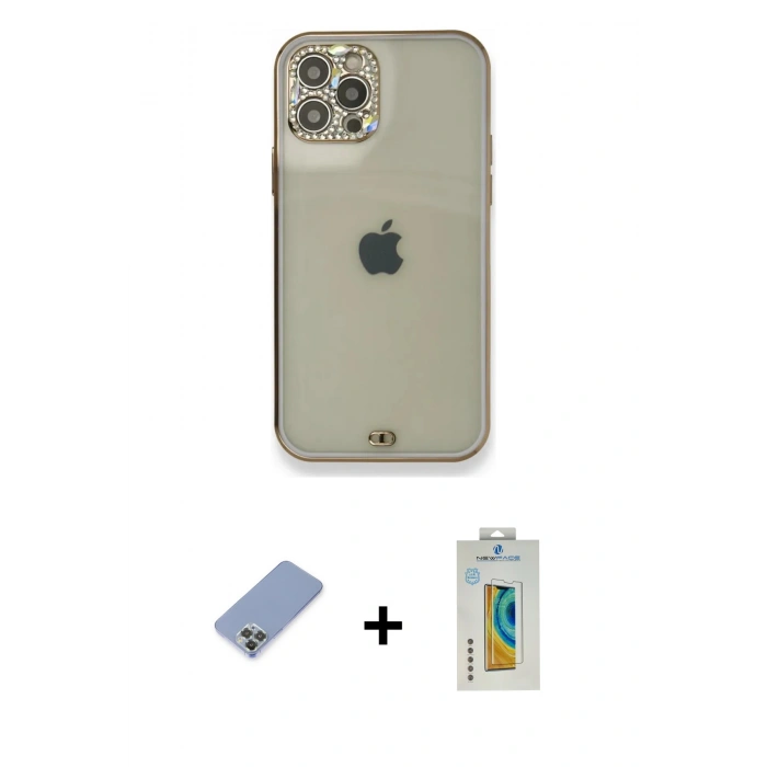 MARSİLYAN™- iPhone 12 Pro Kılıf Eksen Minimal Koleksiyonu - Siyah Polymer Nano Ekran Koruyucu + Metal Kamera Lens Koruma Cam - KUYL