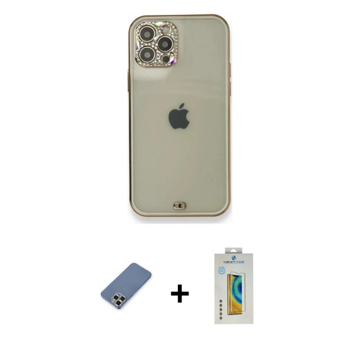MARSİLYAN™- iPhone 12 Pro Kılıf Eksen Minimal Koleksiyonu - Siyah Polymer Nano Ekran Koruyucu + Metal Kamera Lens Koruma Cam - AKYL