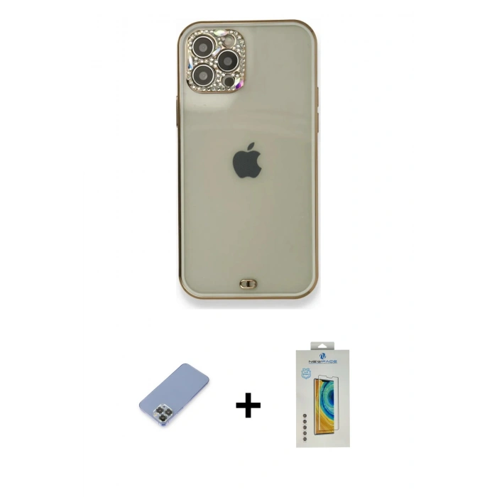 MARSİLYAN™- iPhone 12 Pro Kılıf Eksen Minimal Koleksiyonu - Siyah Polymer Nano Ekran Koruyucu + Metal Kamera Lens Koruma Cam - KUYL