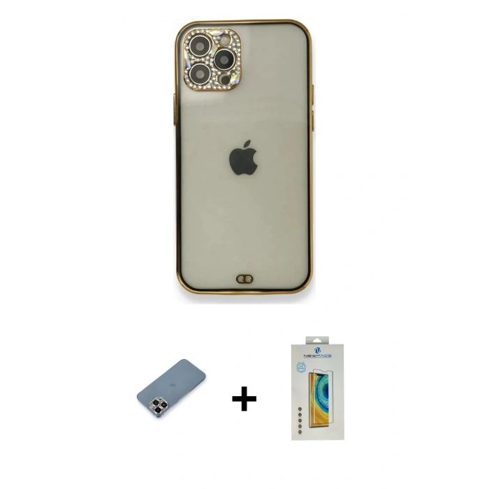MARSİLYAN™- iPhone 12 Pro Kılıf Eksen Minimal Koleksiyonu - Siyah Polymer Nano Ekran Koruyucu + Metal Kamera Lens Koruma Cam - MR