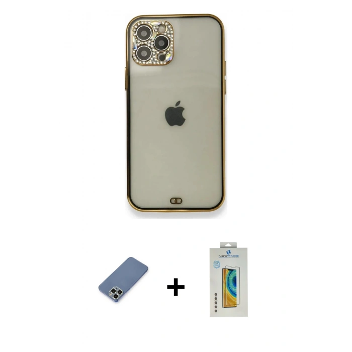 MARSİLYAN™- iPhone 12 Pro Kılıf Eksen Minimal Koleksiyonu - Siyah Polymer Nano Ekran Koruyucu + Metal Kamera Lens Koruma Cam - AKYL