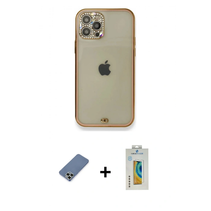MARSİLYAN™- iPhone 12 Pro Kılıf Eksen Minimal Koleksiyonu - Siyah Polymer Nano Ekran Koruyucu + Metal Kamera Lens Koruma Cam - AKYL