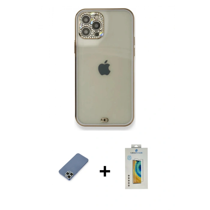 MARSİLYAN™- iPhone 12 Pro Kılıf Eksen Minimal Koleksiyonu - Siyah Polymer Nano Ekran Koruyucu + Metal Kamera Lens Koruma Cam - AKYL