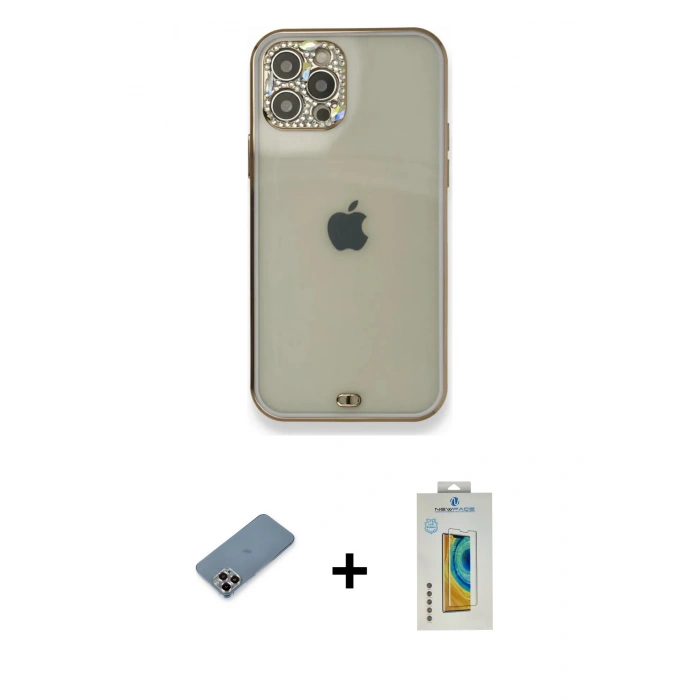 MARSİLYAN™- iPhone 12 Pro Kılıf Eksen Minimal Koleksiyonu - Siyah Polymer Nano Ekran Koruyucu + Metal Kamera Lens Koruma Cam - MR