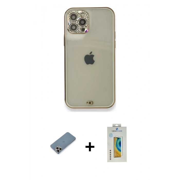 MARSİLYAN™- iPhone 12 Pro Kılıf Eksen Minimal Koleksiyonu - Siyah Polymer Nano Ekran Koruyucu + Metal Kamera Lens Koruma Cam - MR