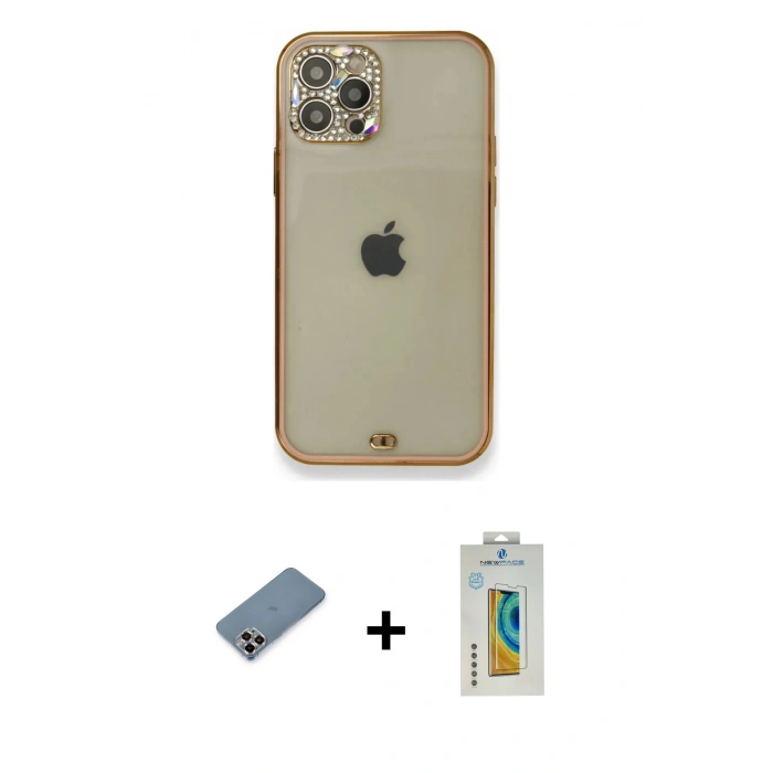 MARSİLYAN™- iPhone 12 Pro Kılıf Eksen Minimal Koleksiyonu - Siyah Polymer Nano Ekran Koruyucu + Metal Kamera Lens Koruma Cam - MR