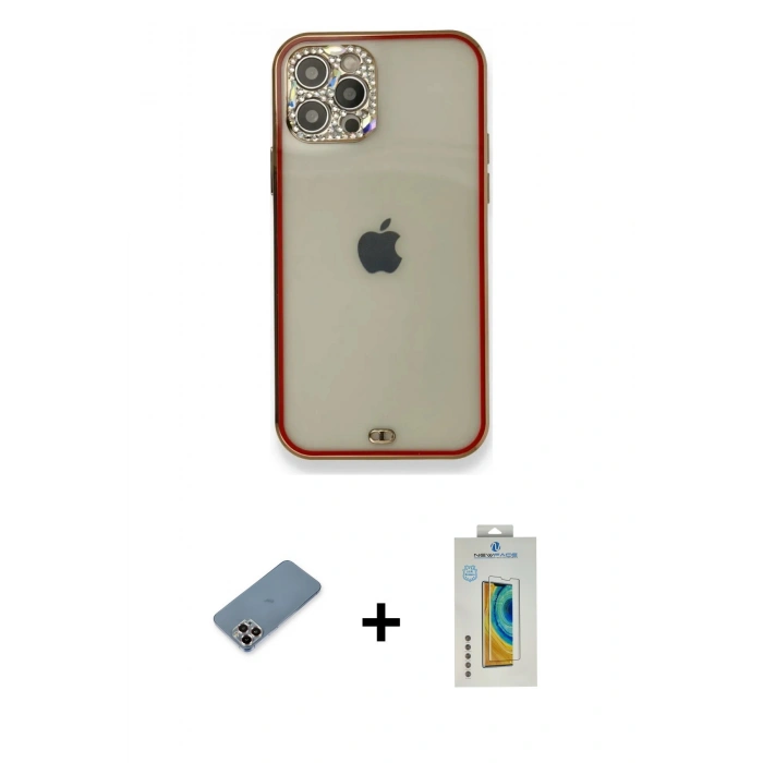 MARSİLYAN™- iPhone 12 Pro Kılıf Eksen Minimal Koleksiyonu - Siyah Polymer Nano Ekran Koruyucu + Metal Kamera Lens Koruma Cam - MR