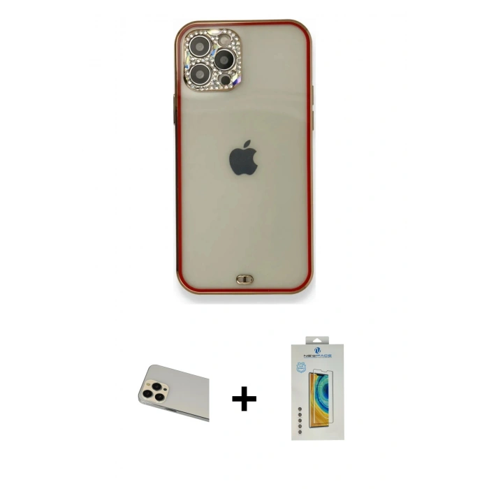 MARSİLYAN™- iPhone 12 Pro Kılıf Eksen Minimal Koleksiyonu - Siyah Polymer Nano Ekran Koruyucu + Rainbow Kamera Lens Koruma Cam - GD