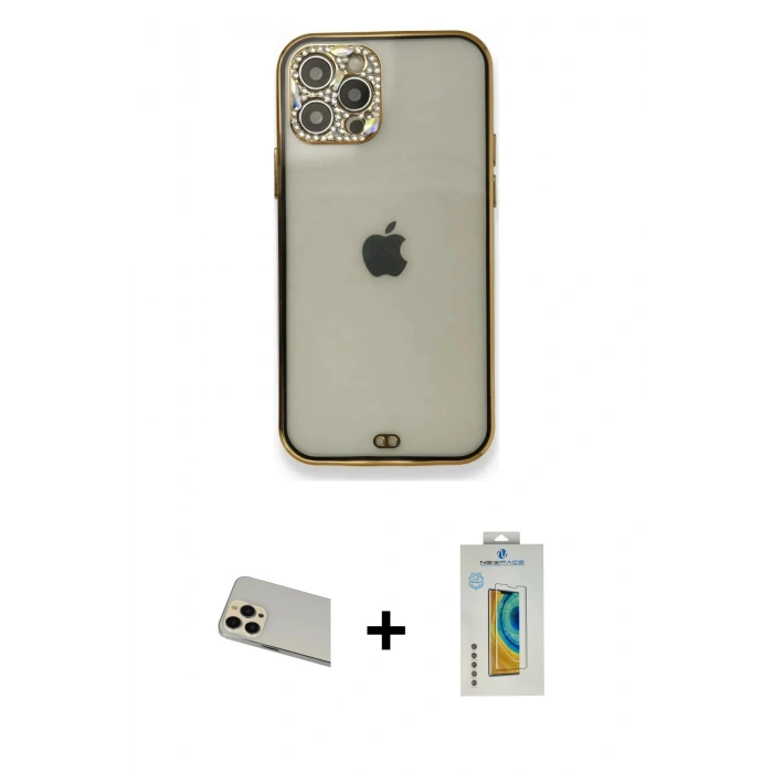 MARSİLYAN™- iPhone 12 Pro Kılıf Eksen Minimal Koleksiyonu - Siyah Polymer Nano Ekran Koruyucu + Rainbow Kamera Lens Koruma Cam - GD