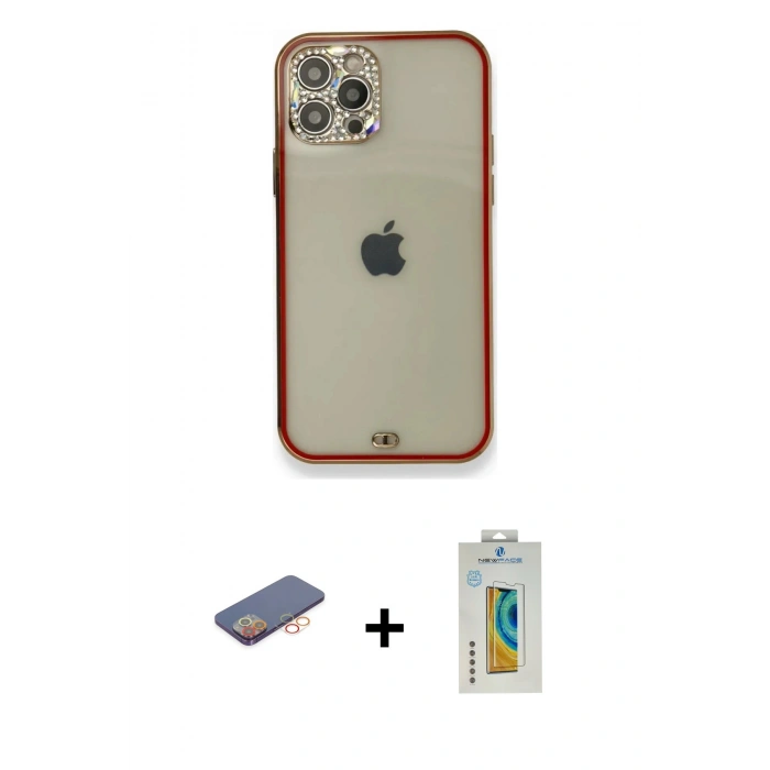 MARSİLYAN™- iPhone 12 Pro Kılıf Eksen Minimal Koleksiyonu - Siyah Polymer Nano Ekran Koruyucu + Renkli Kamera Lens Koruma Cam - TU